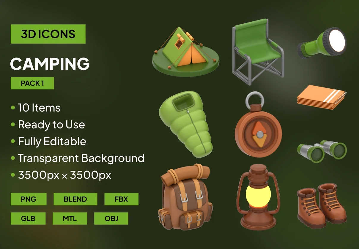 10 3D Camping Icon Pack 1