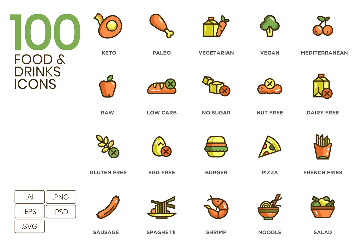 100 Food & Drinks Icons | Eco Series