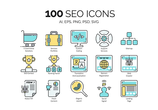 100 SEO Icons | Aqua Series