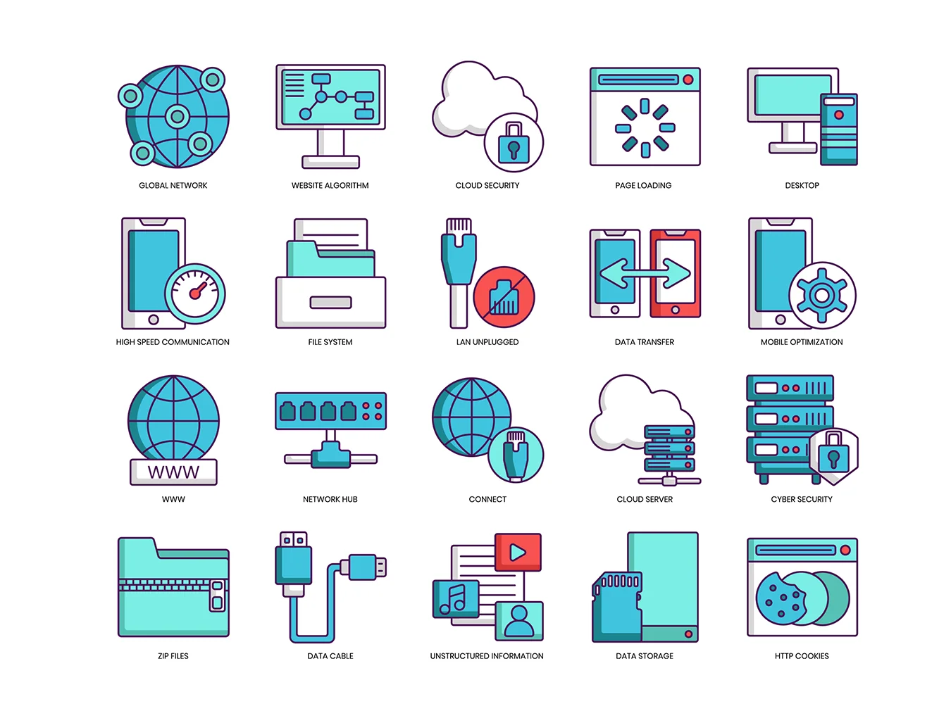 100 Web Hosting Icons | Turquoise Series 3