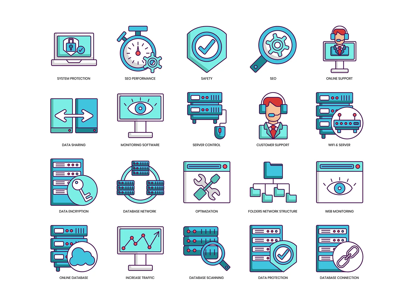 100 Web Hosting Icons | Turquoise Series 4