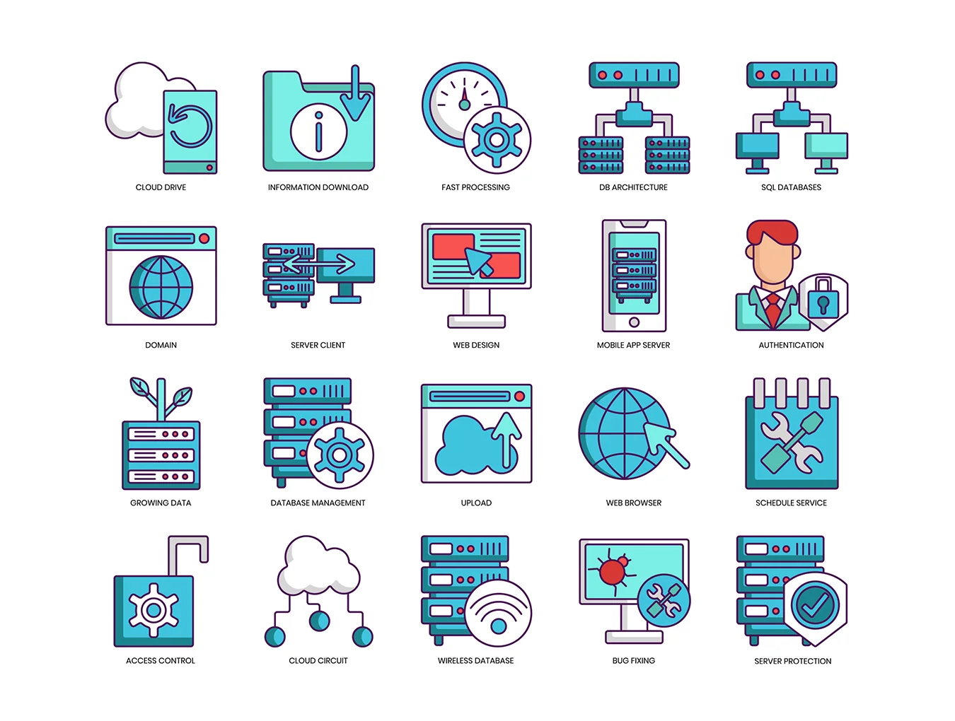 100 Web Hosting Icons | Turquoise Series 5