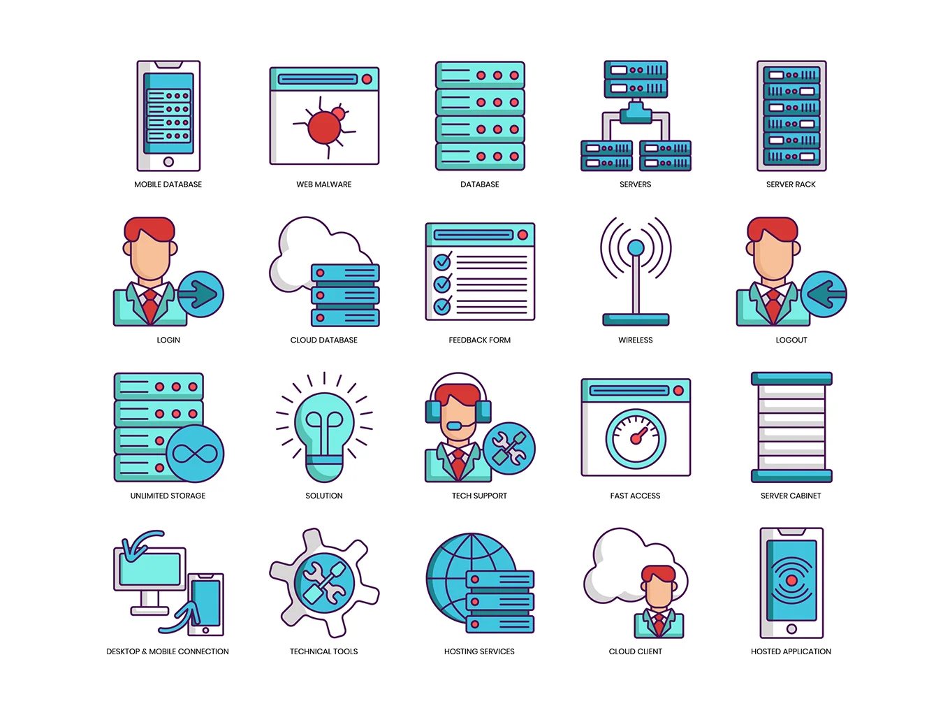 100 Web Hosting Icons | Turquoise Series 6