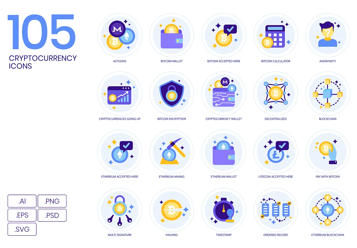 105 Cryptocurrency Icons | Lavender Series