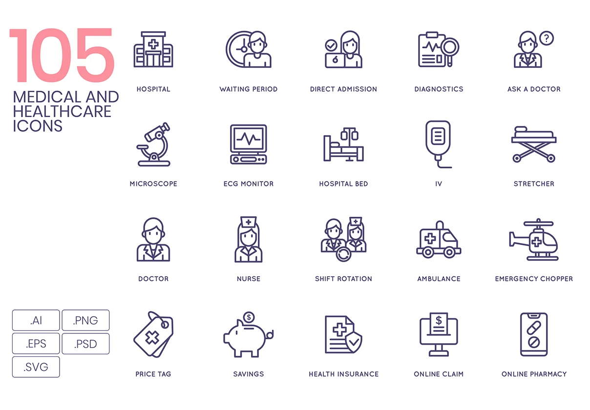 105 Medical and Healthcare Icons | Line Series
