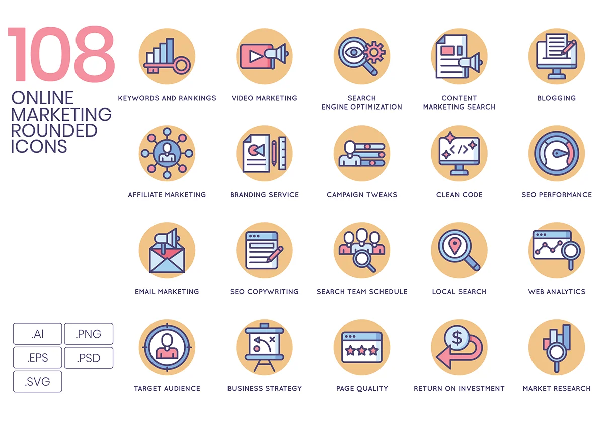 108 Online Marketing Icons | Butterscotch Series
