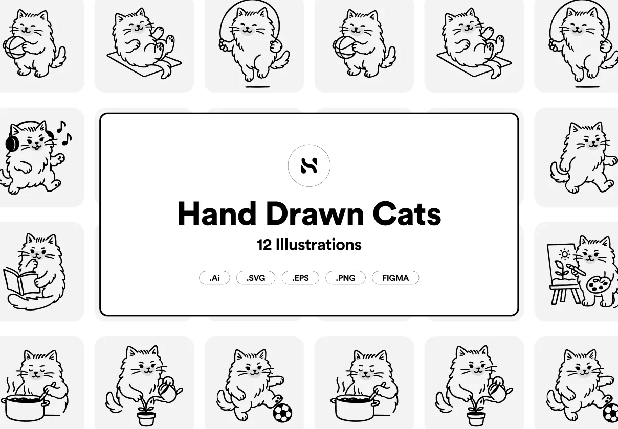 12 Hand-Drawn Cat Illustrations