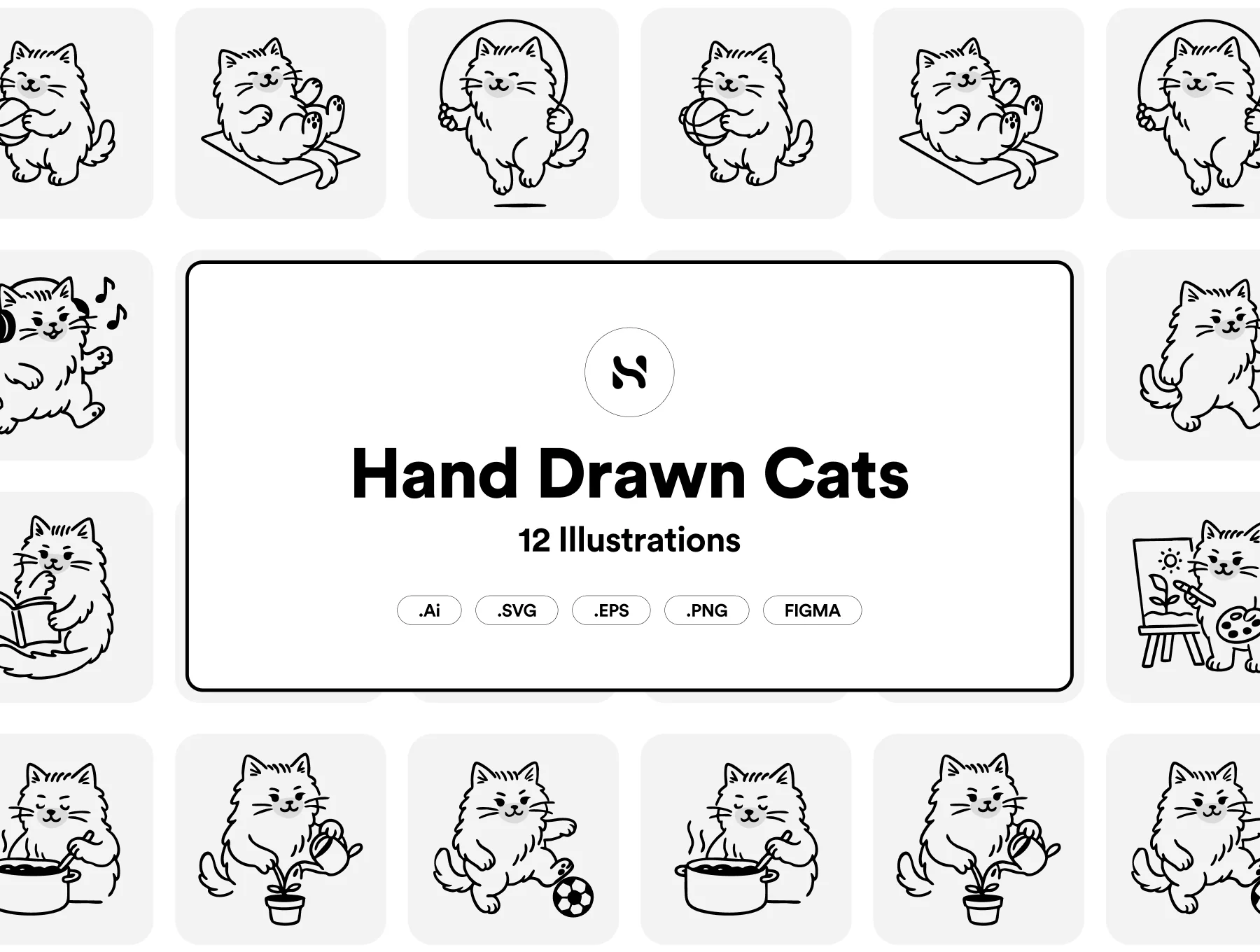 12 Hand-Drawn Cat Illustrations