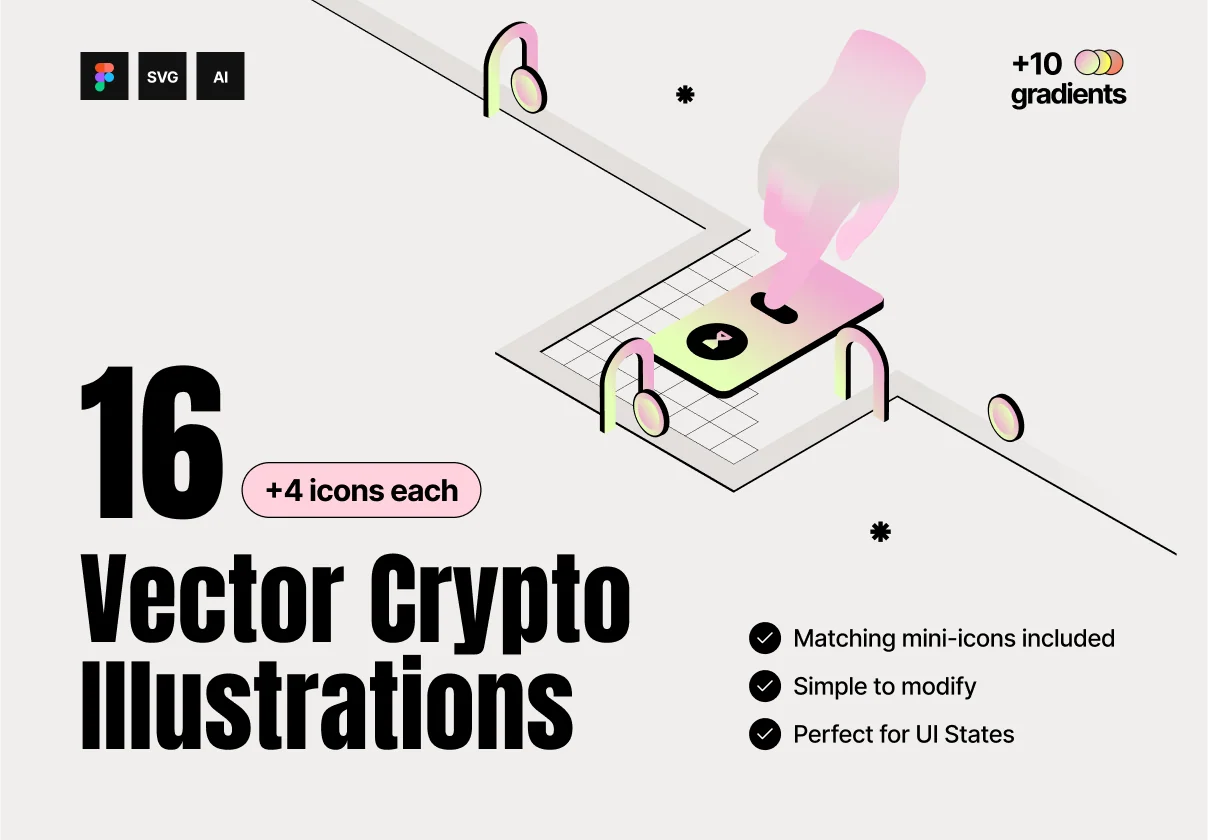16 Vector Crypto Illustrations + 4 Icons per Illustration