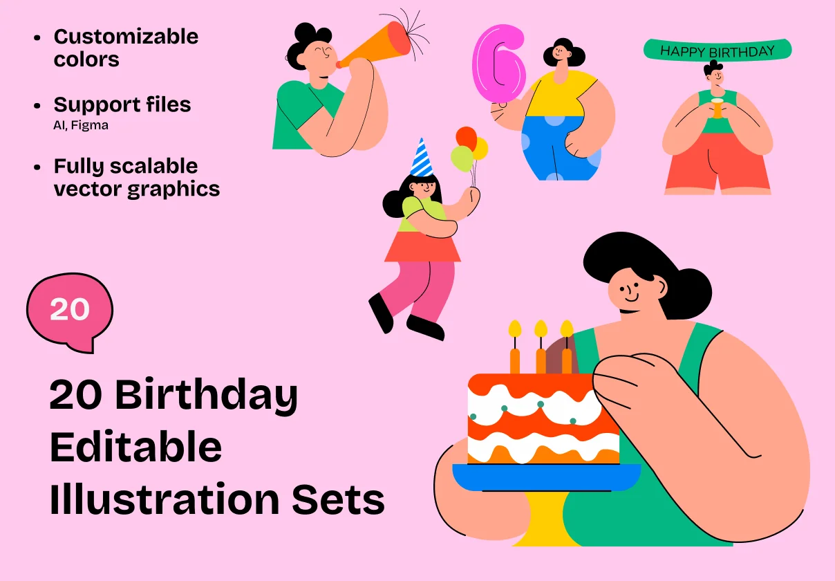 20 Birthday Editable Illustration Sets