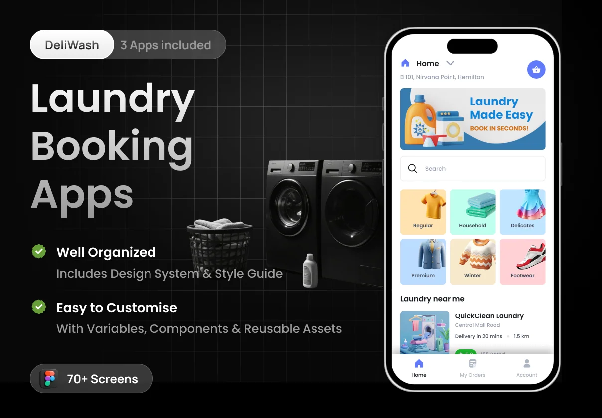 3 Apps | Laundry Booking App | DeliWash | Figma