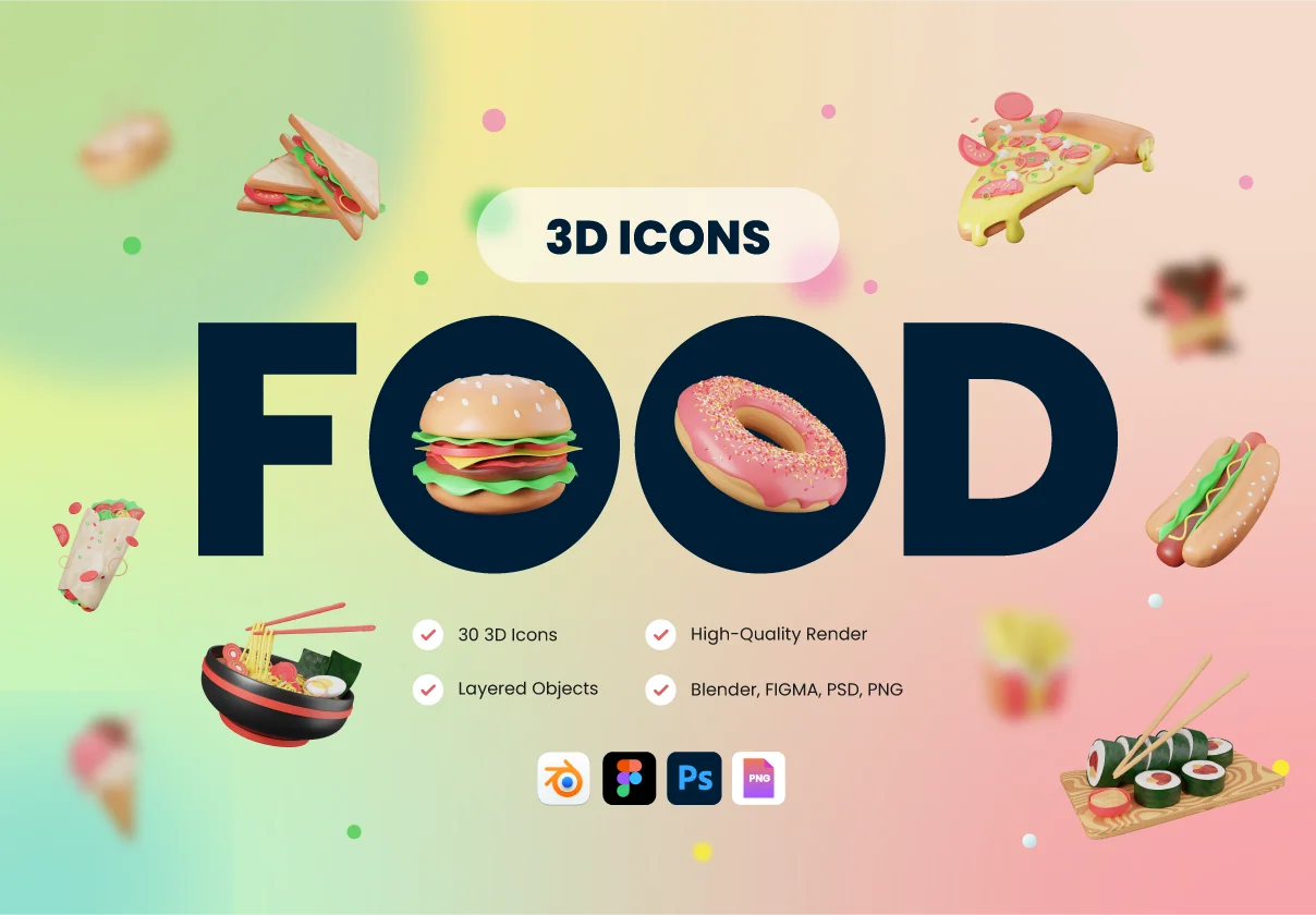30 3D Food & Meals Icons Illustration