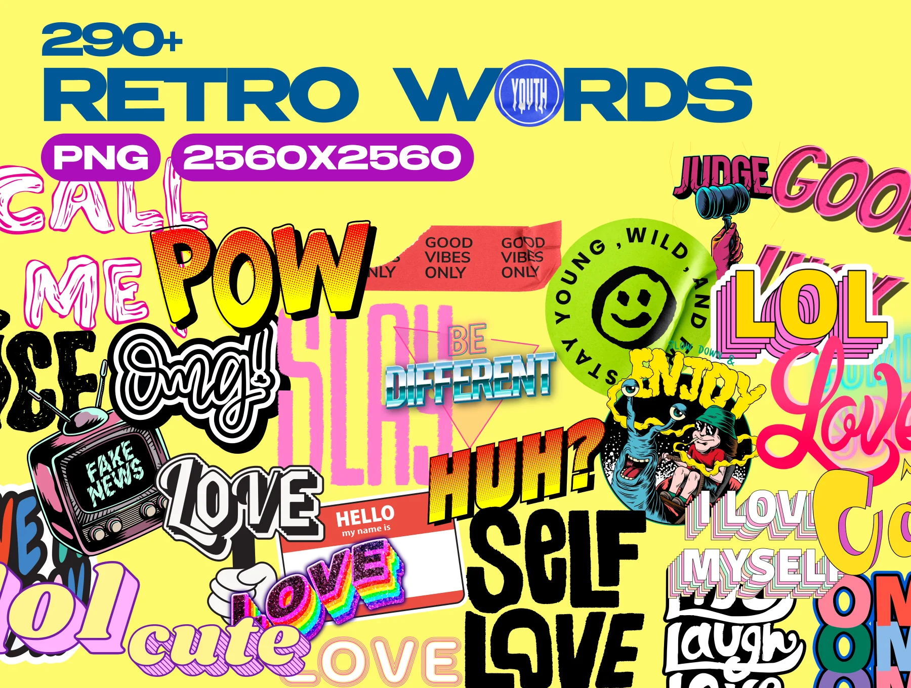 +300 RETRO WORDS Stickers