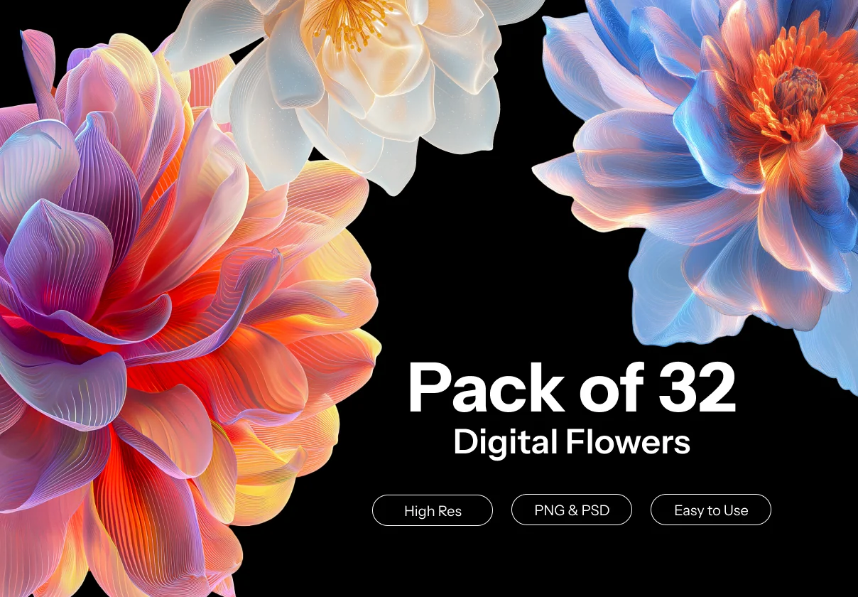 32 AI-Generated Abstract Flower Renders – PNG & PSD Pack (Customizable Colors)
