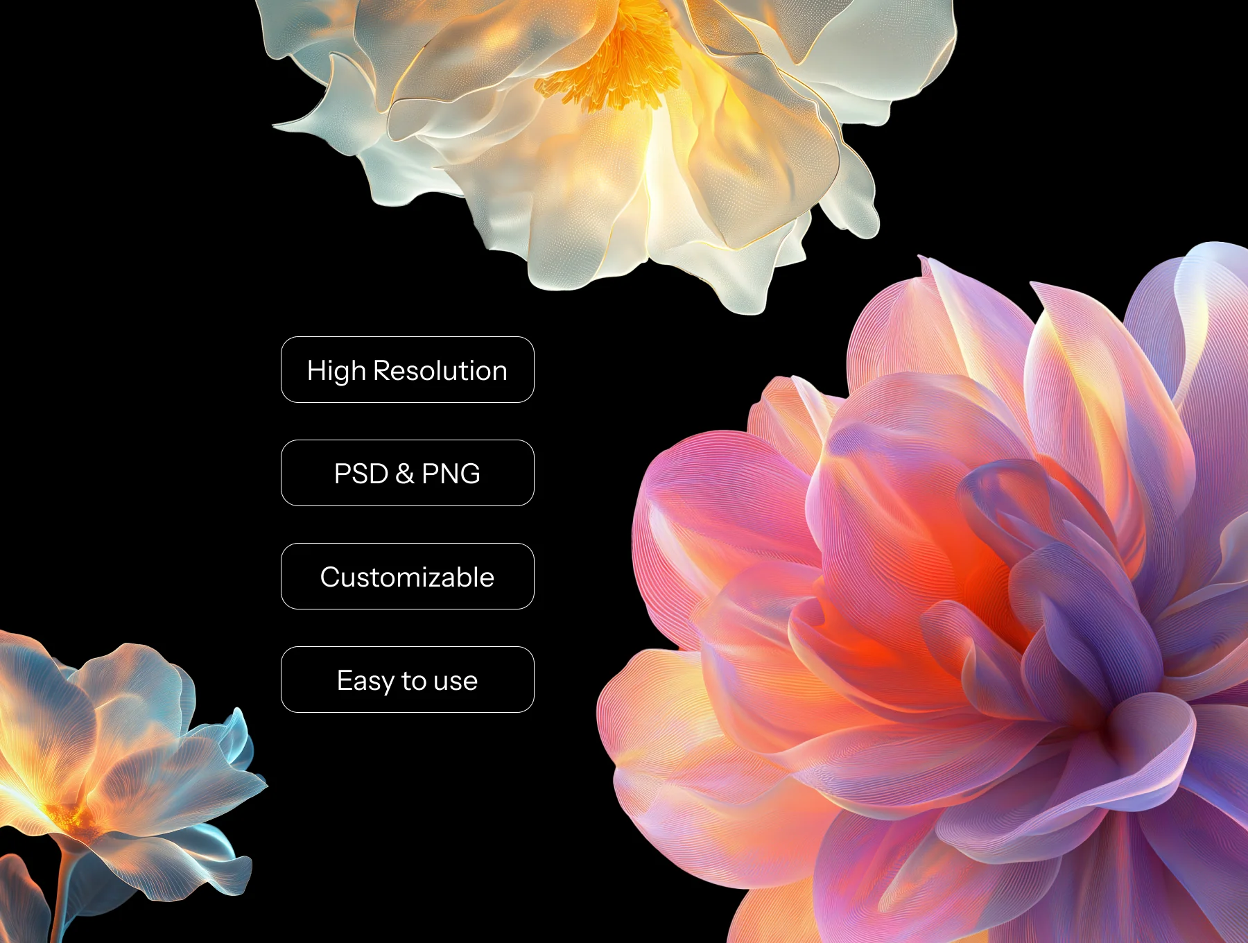 32 AI-Generated Abstract Flower Renders – PNG & PSD Pack (Customizable Colors)