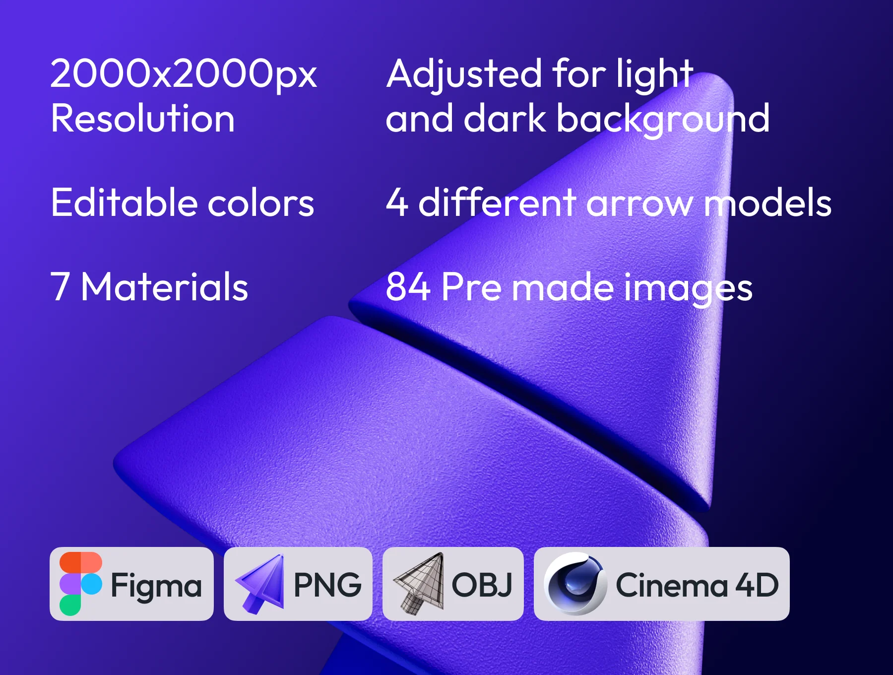 3D arrows, 4 shapes, 7 materials, PNG, Figma, C4D, OBJ
