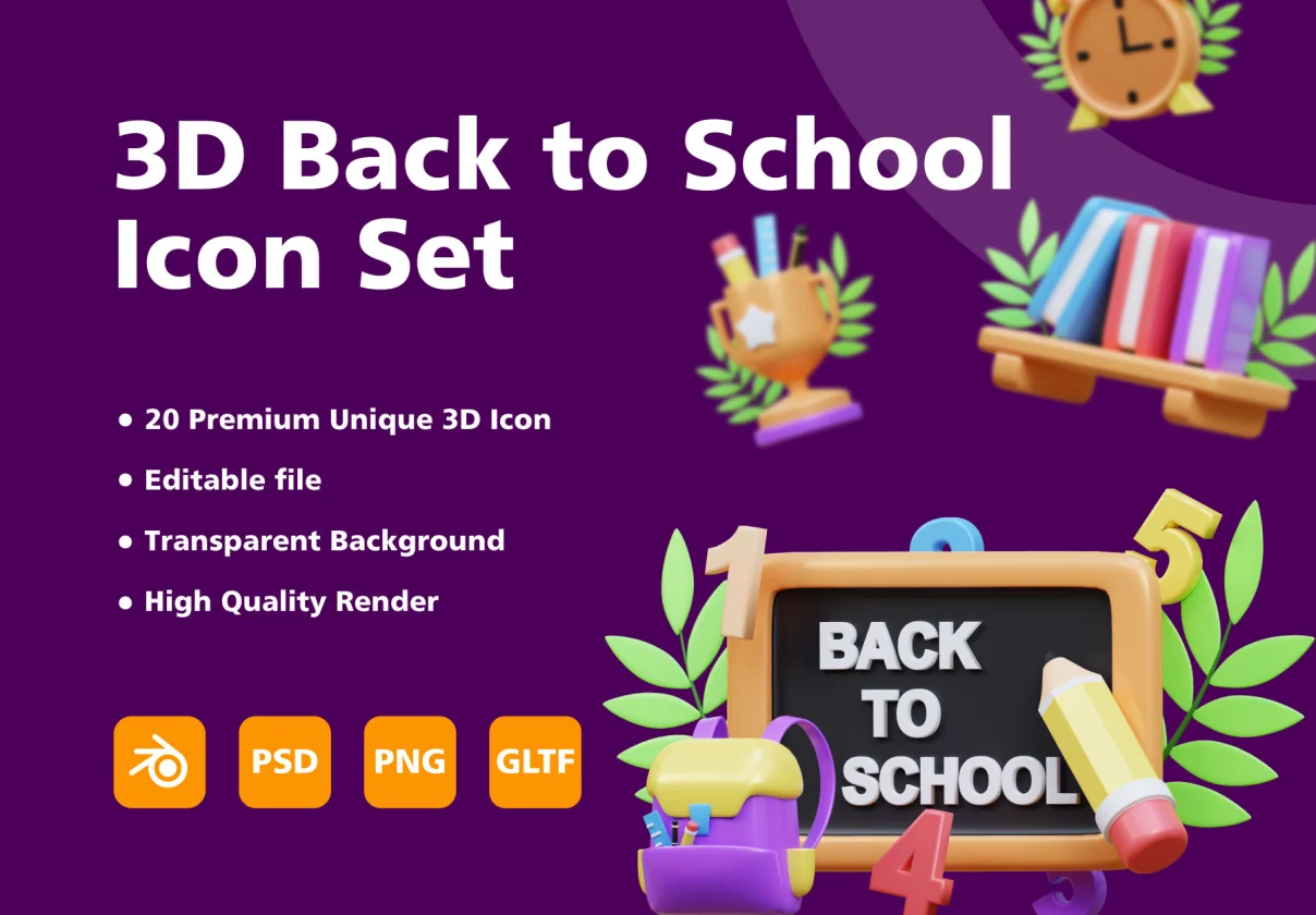3D Back to School Item icon set