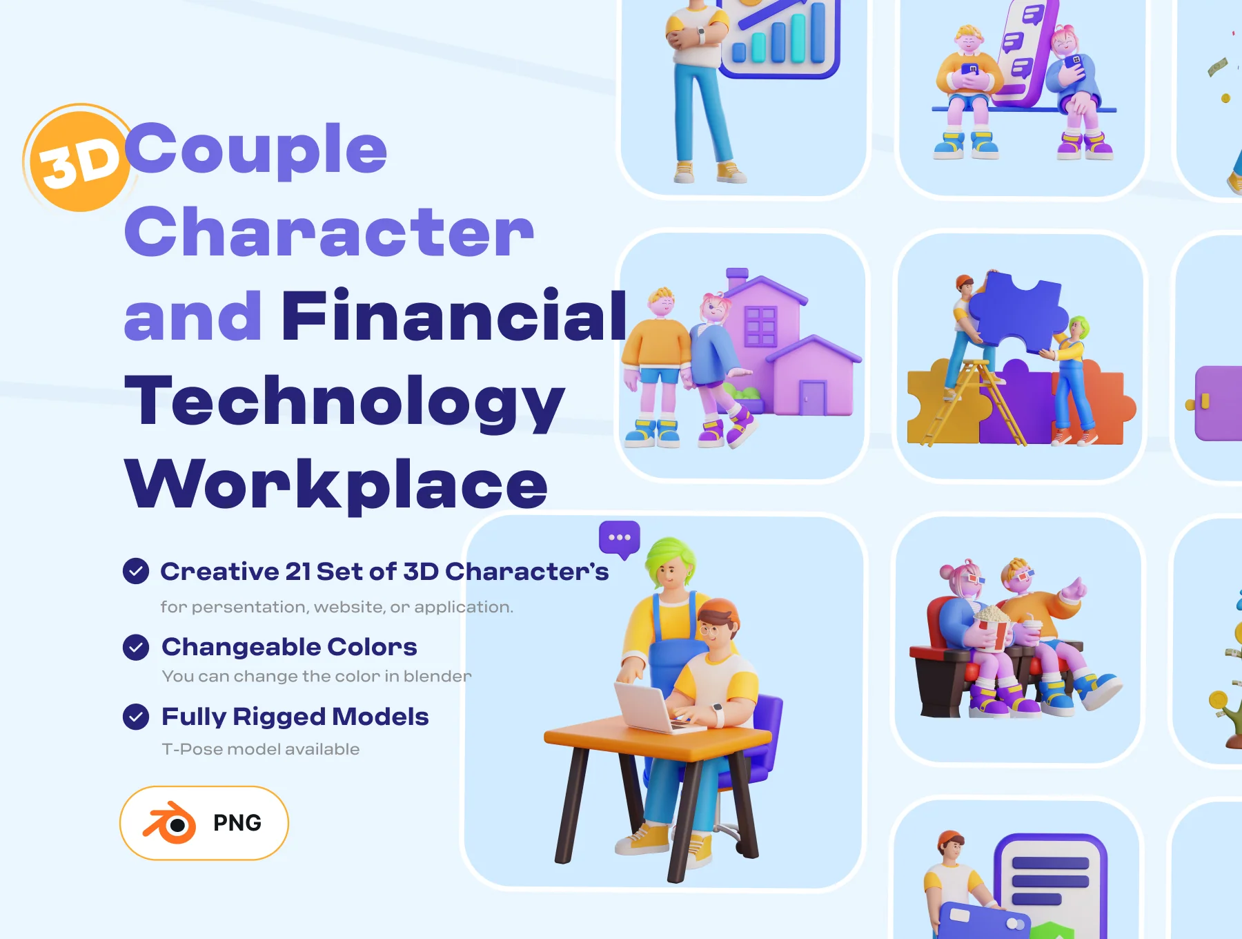 3D Couple Character and Financial Technology Workplace