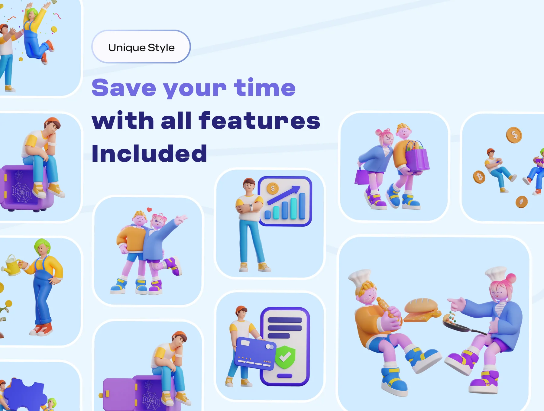 3D Couple Character and Financial Technology Workplace 2