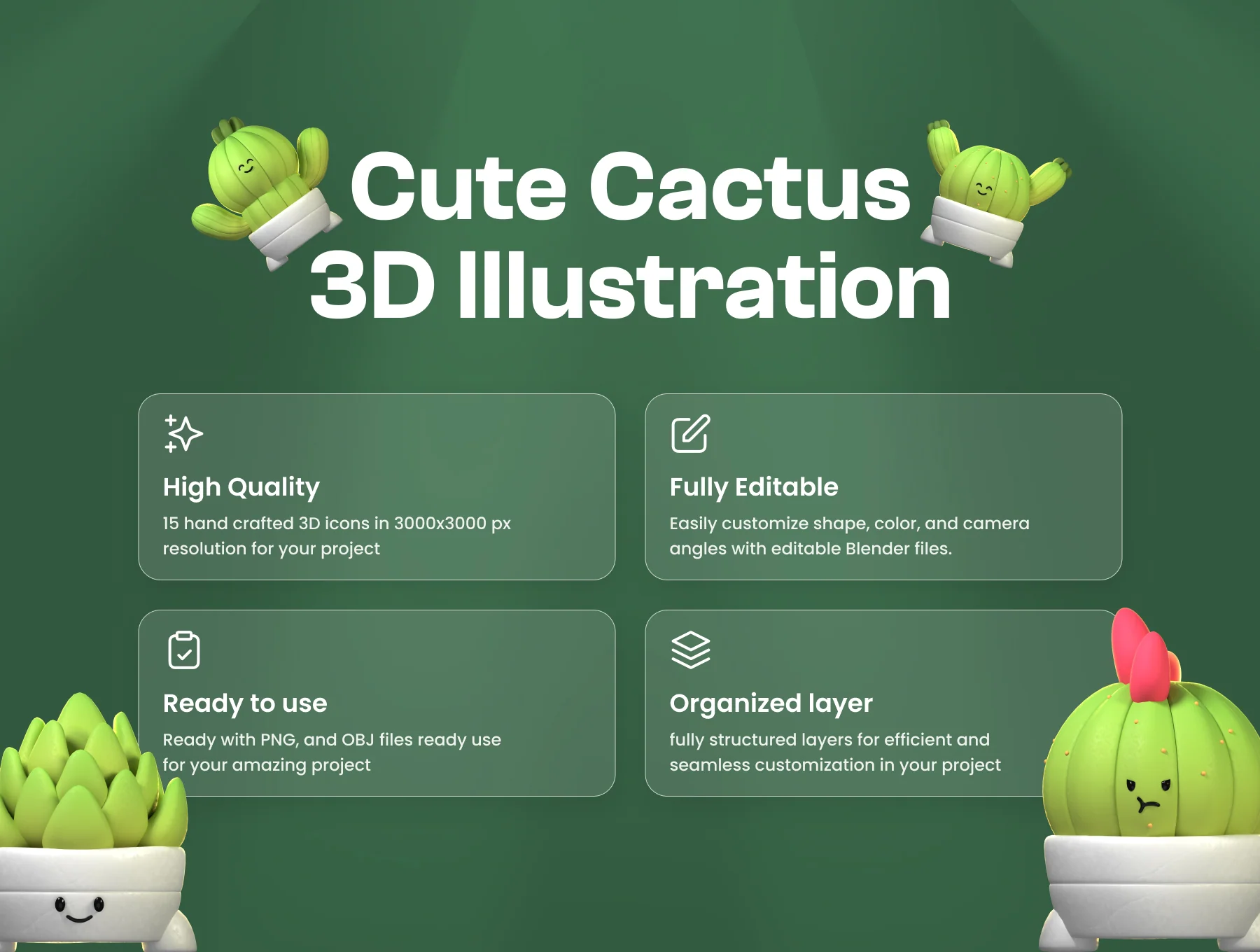 3D Cute Cactus Illustration 2