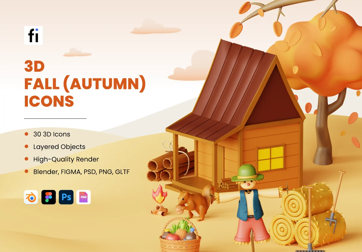 3D Fall Season Icon Set