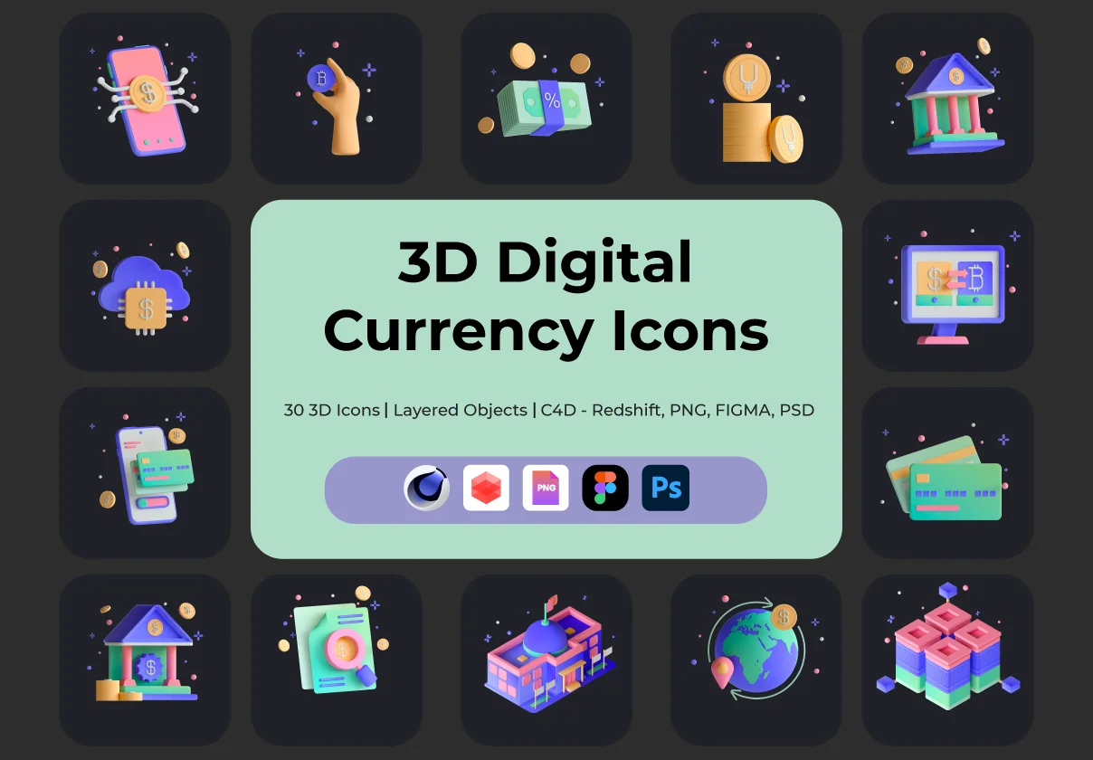 30 3D Icons Illustration Digital Currency