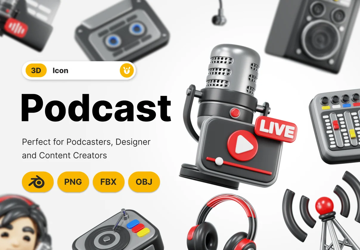 3D Podcast Audio Icon Set