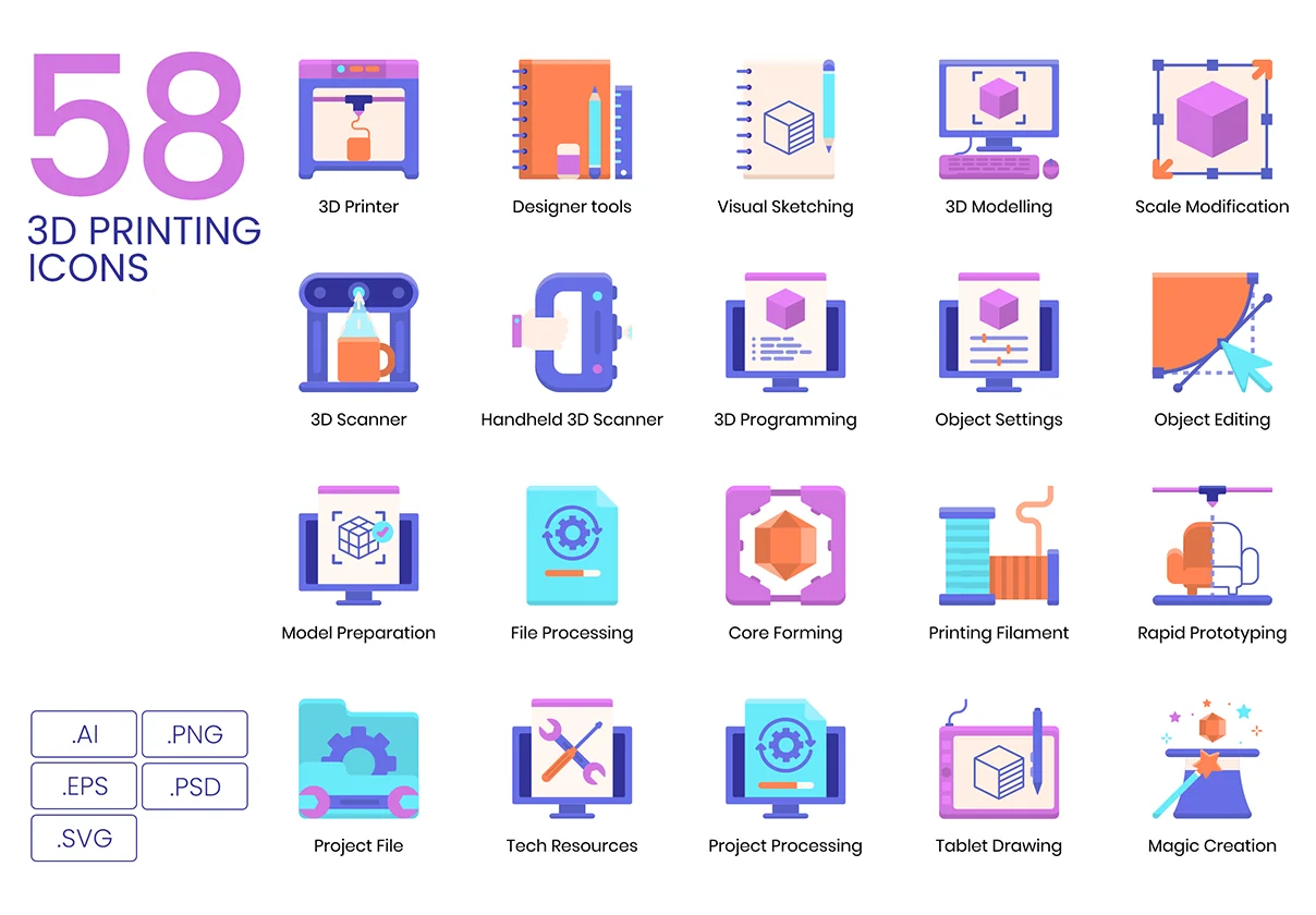 58 3D Printing Icons | Violet Series