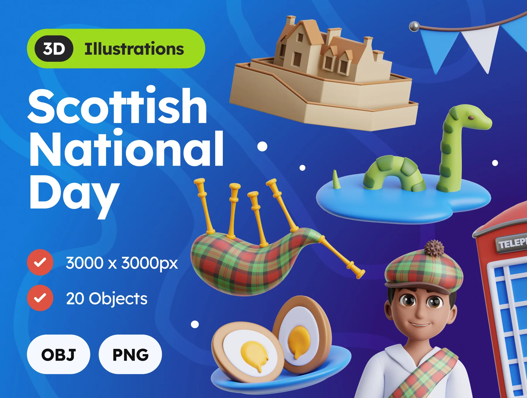 3D Scottish National Day Illustrations