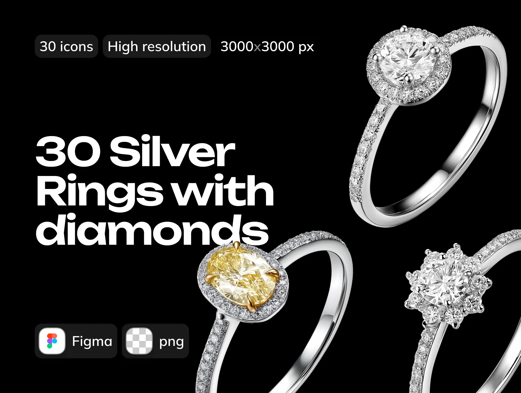3D Silver
Rings with diamonds Pack