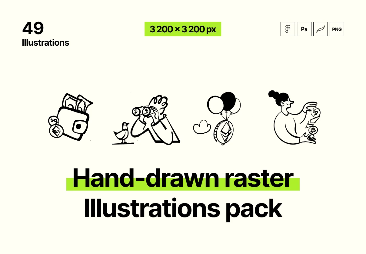 49 Hand-drawn raster Illustrations pack