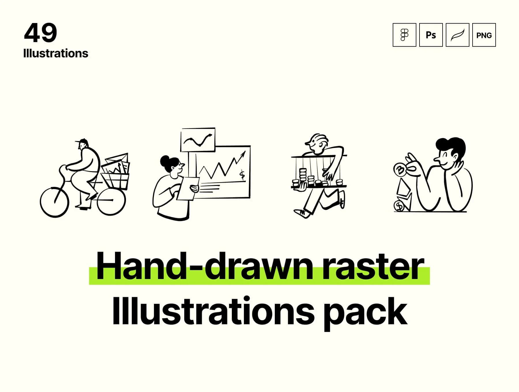 49 Hand-drawn raster Illustrations pack