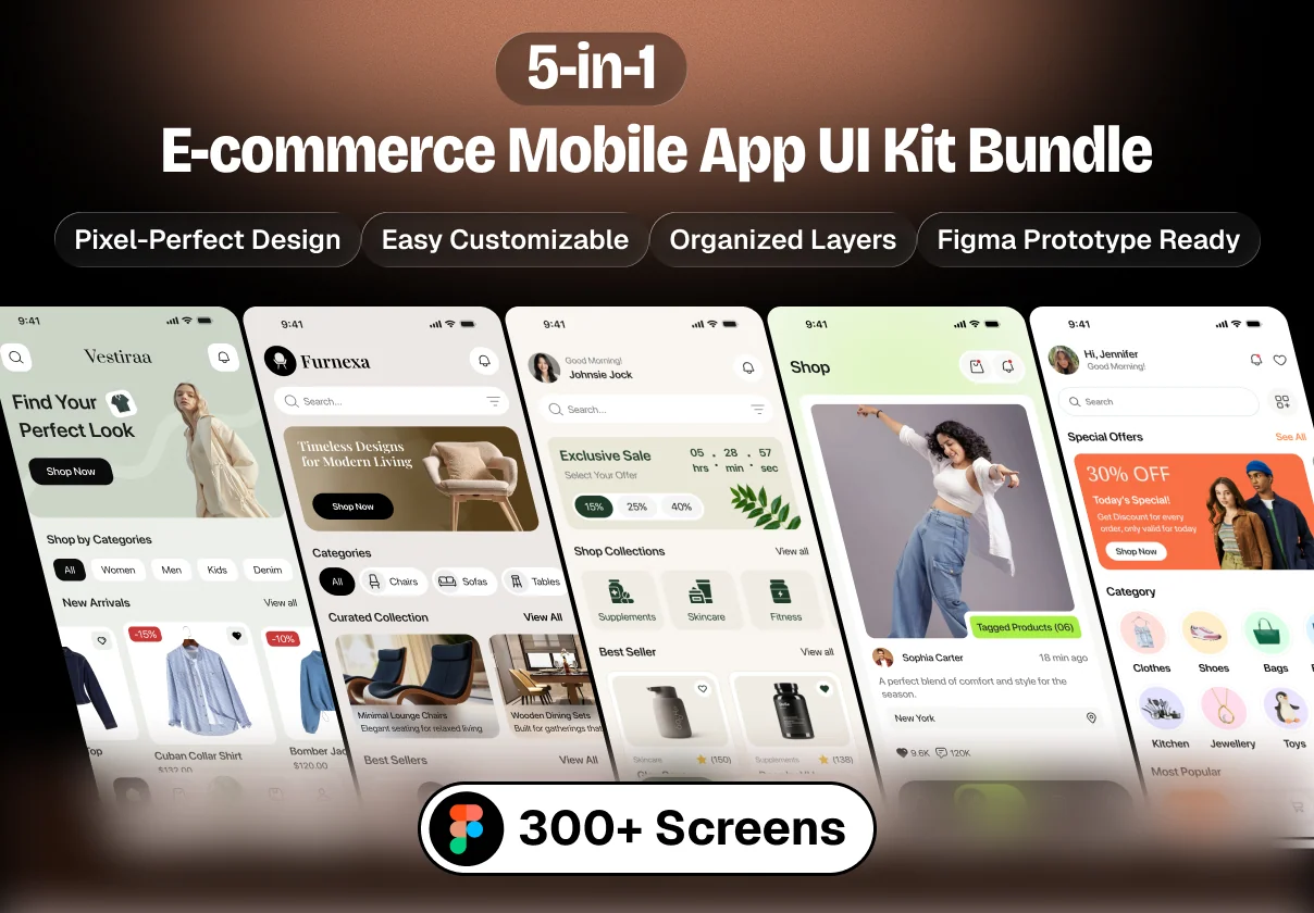 5-in-1 E-commerce Mobile App UI Kit Bundle