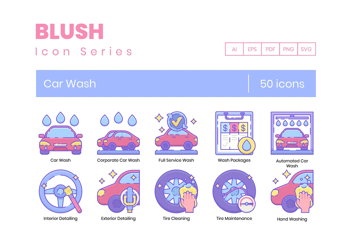 50 Car Wash Icons | Blush Series