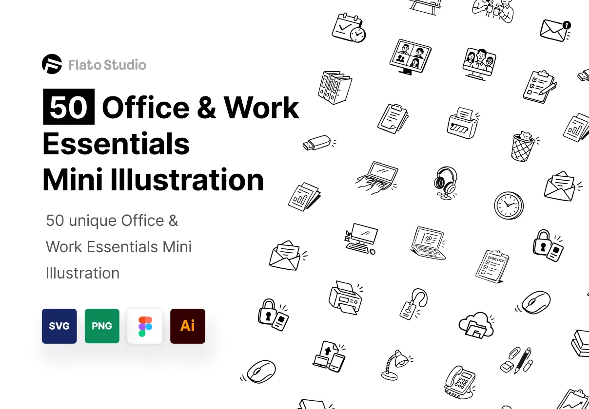 50 Office & Work Essentials Mini Illustration