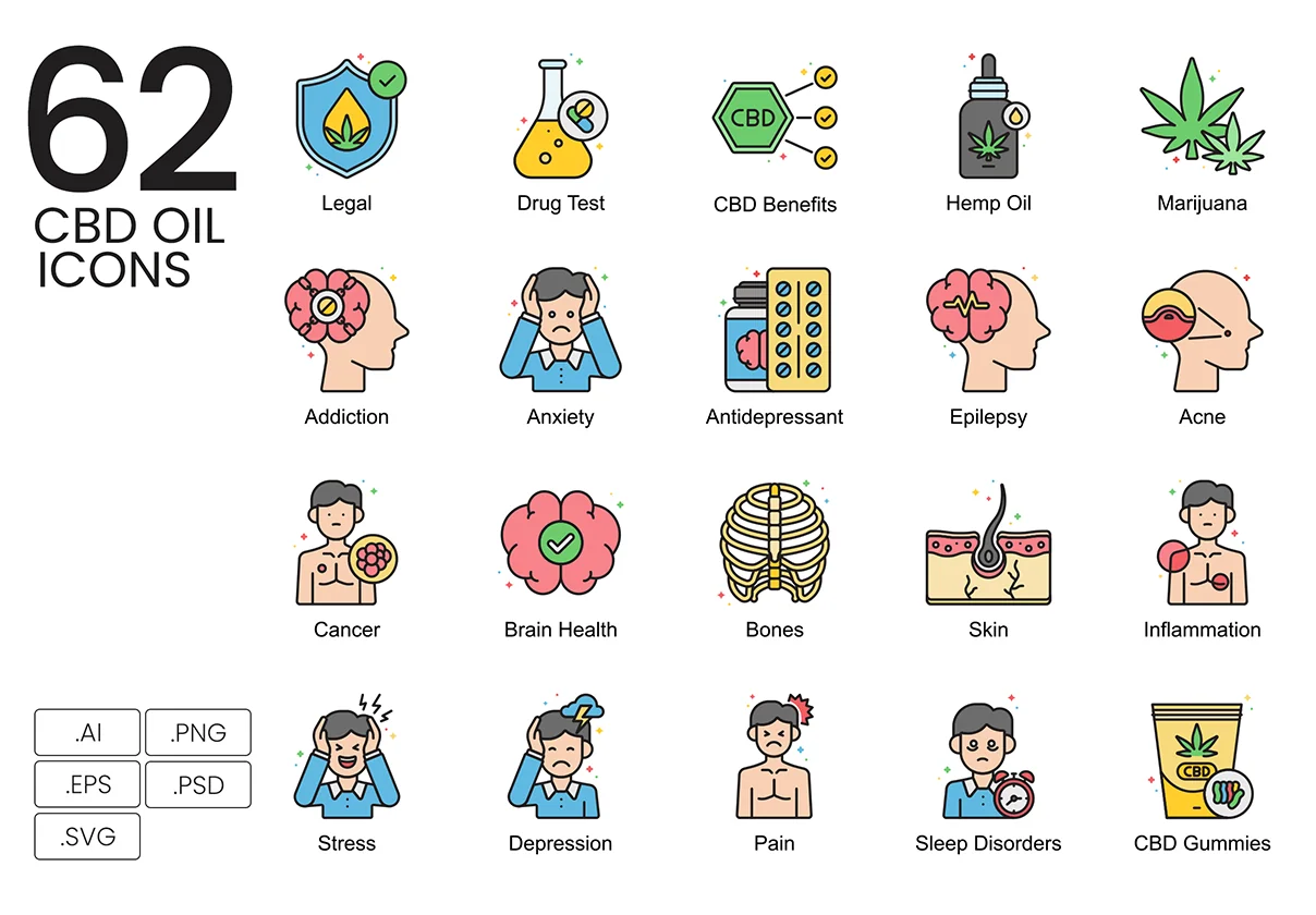 62 CBD Oil Icons | Vivid Series