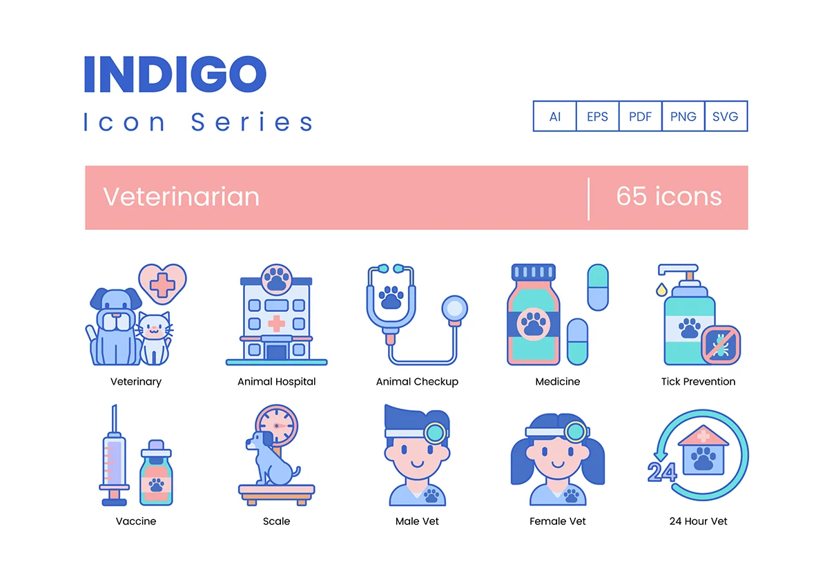 65 Veterinary Icons | Indigo Series