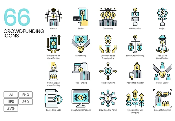 66 Crowdfunding Icons | Aqua Series