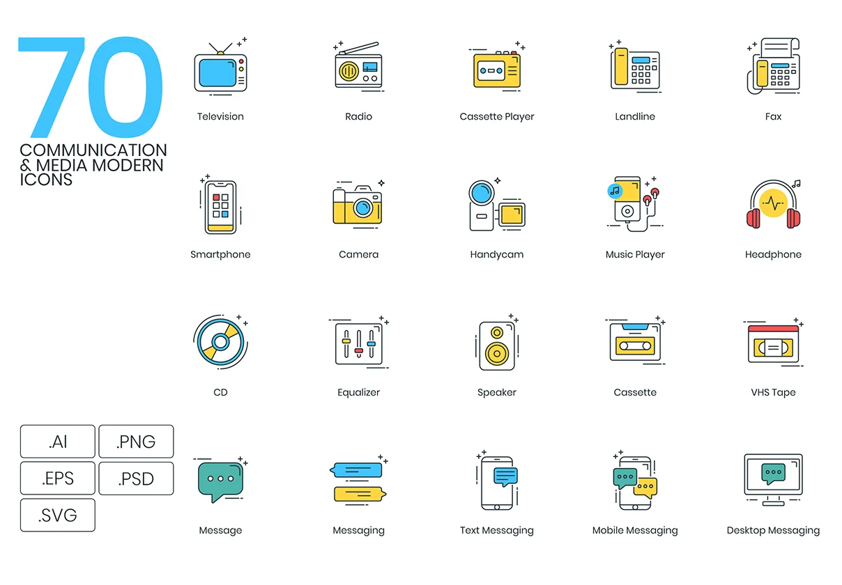 70 Communication & Media Icons | ColorPop Series
