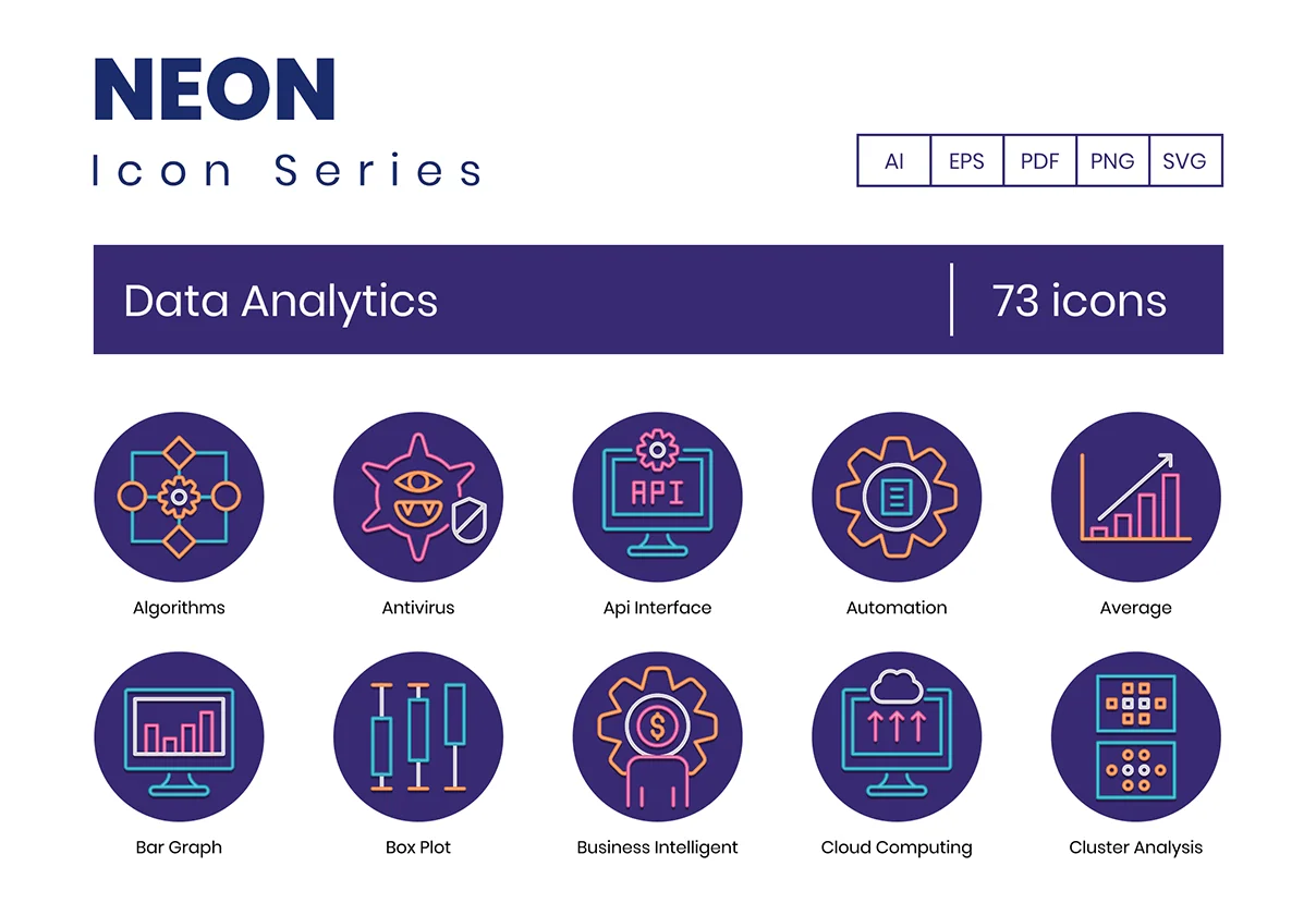 73 Data Analytics Icons | Neon Series