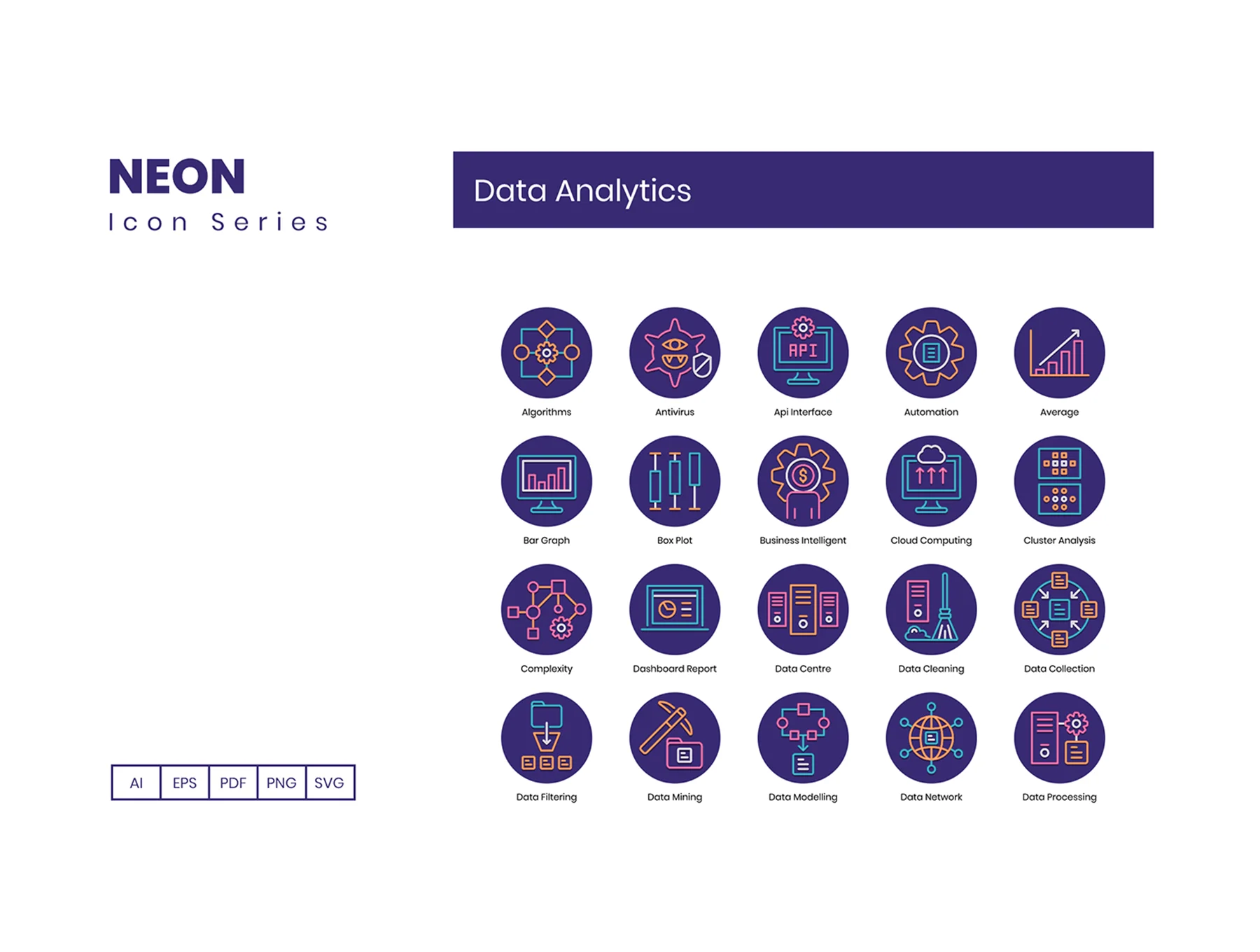 73 Data Analytics Icons | Neon Series 2