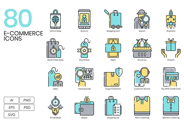 80 E-Commerce Icons | Aqua Series