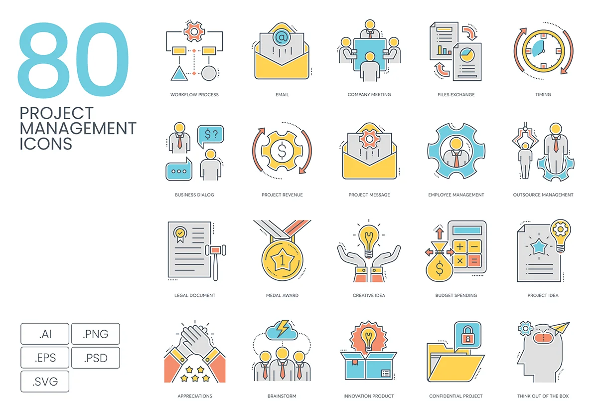 80 Project Management Icons | Color Line Series