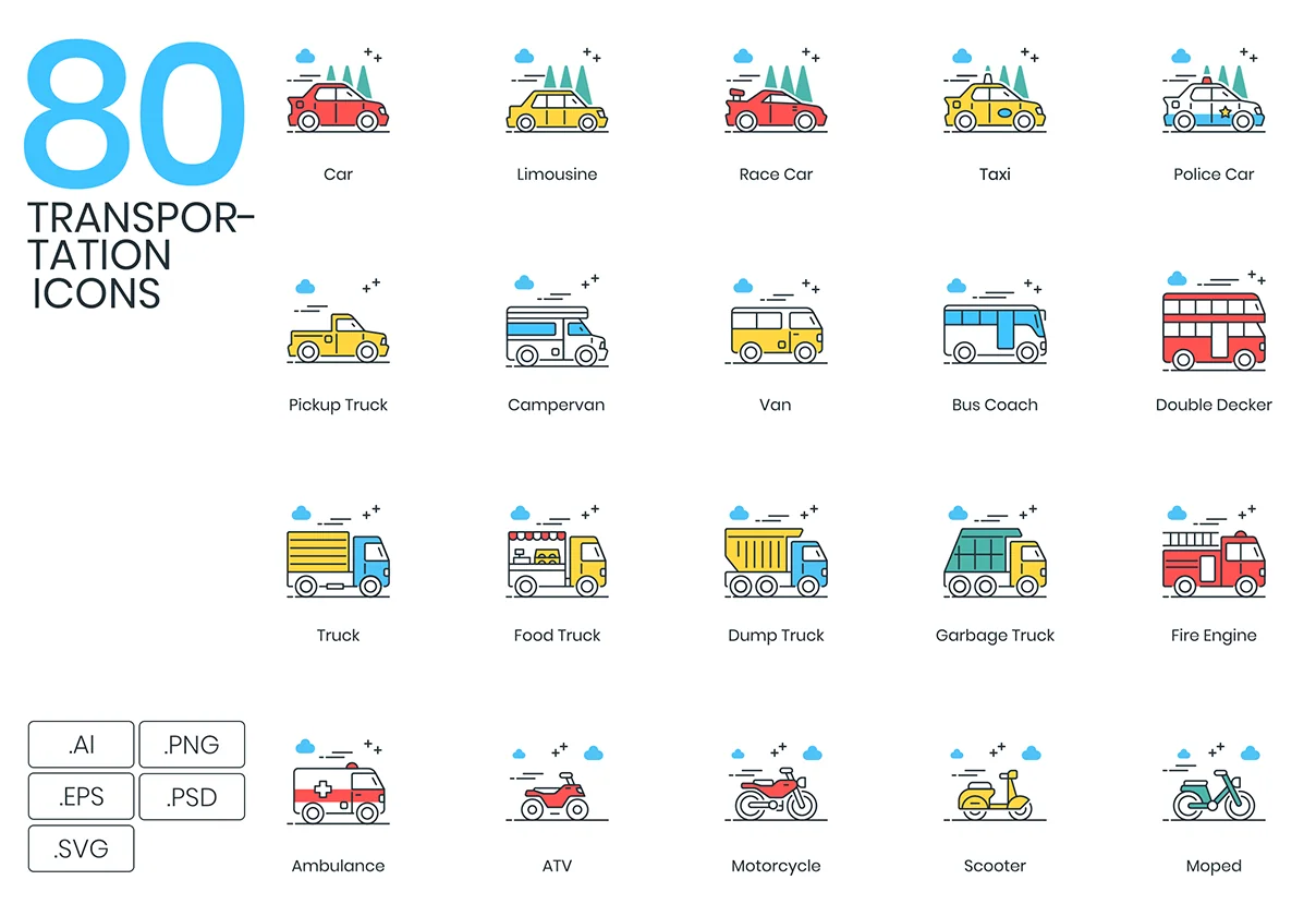 80 Transportation Icons | ColorPop Series