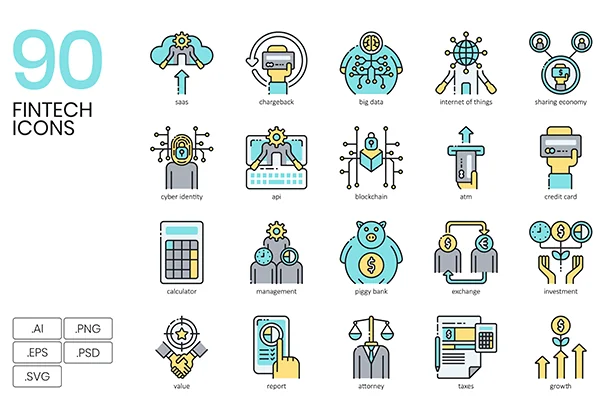 90 Fintech Icons | Aqua Series
