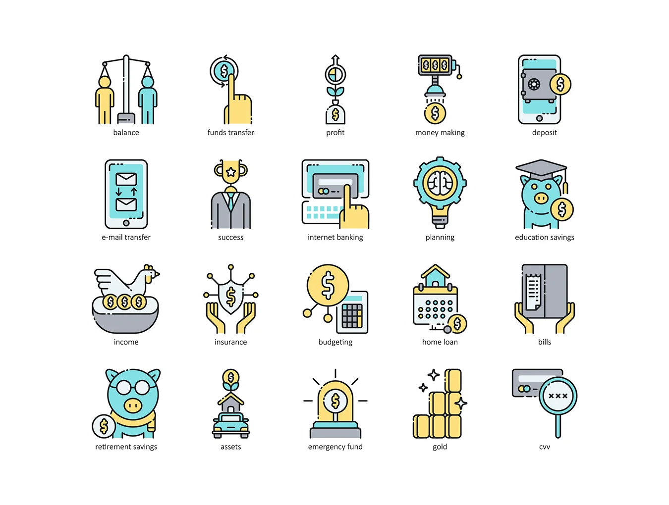 90 Fintech Icons | Aqua Series 3
