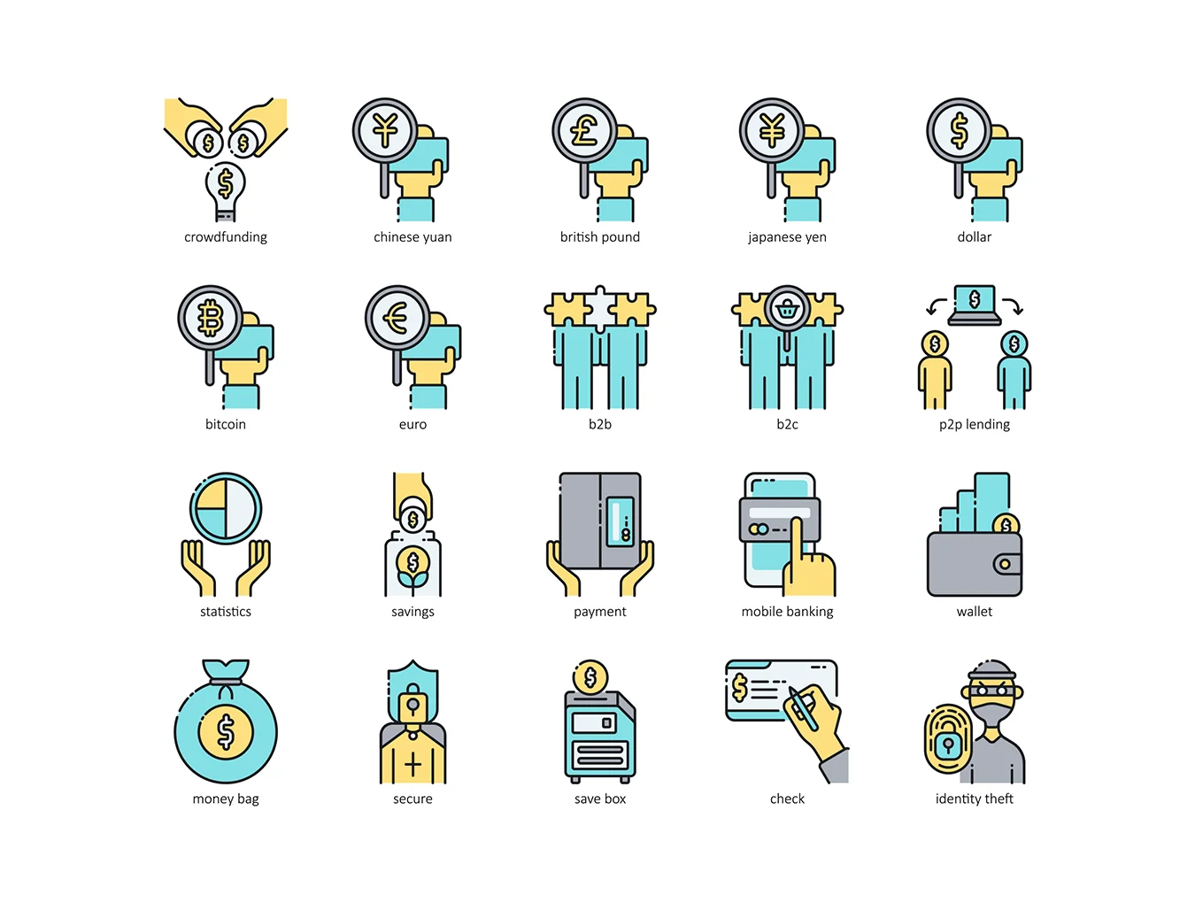 90 Fintech Icons | Aqua Series 4