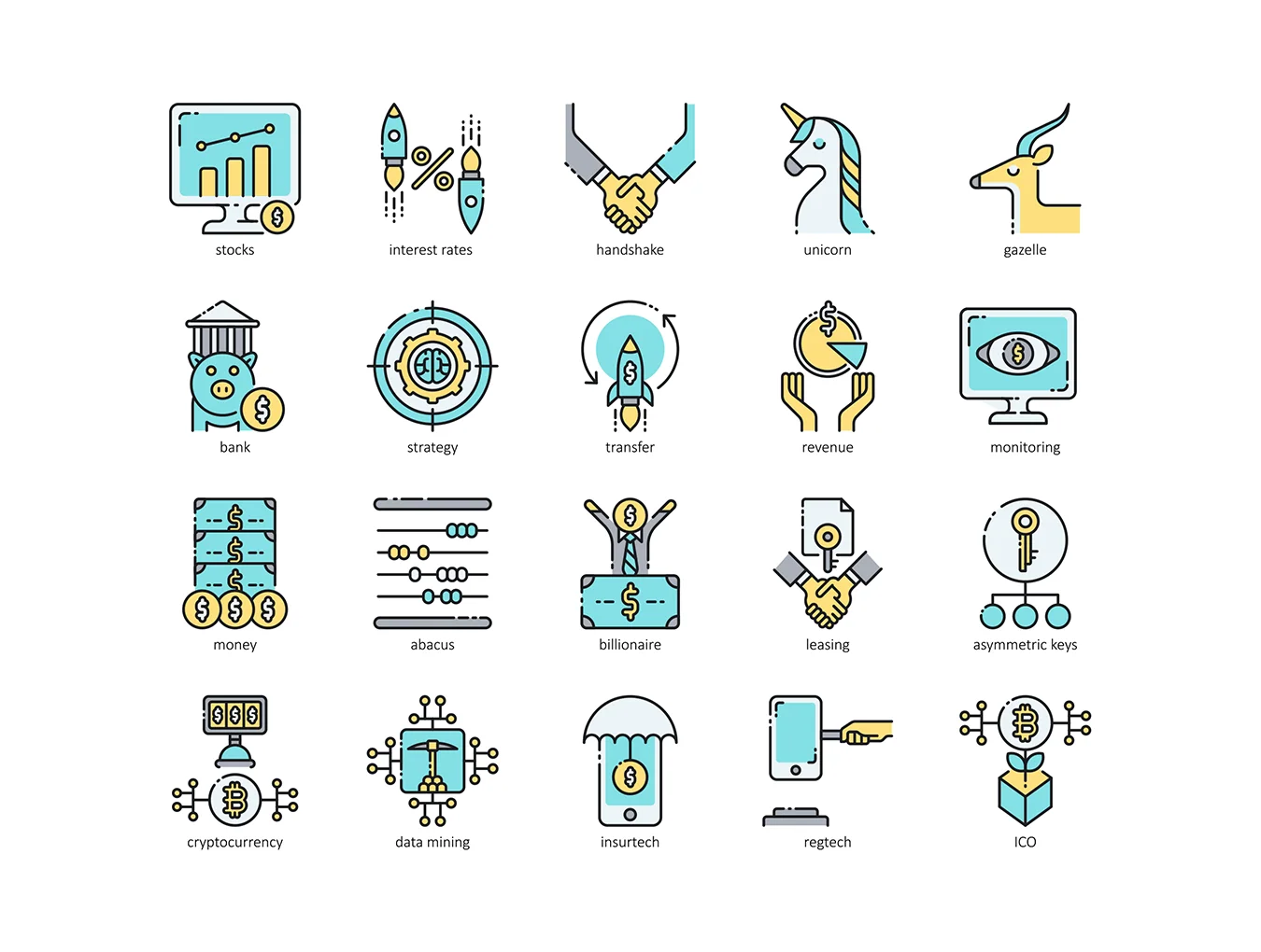 90 Fintech Icons | Aqua Series 5