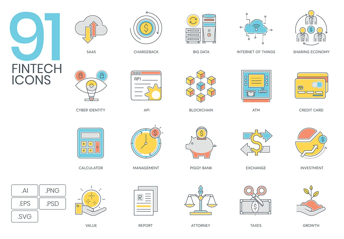 91 Fintech Icons | Color Line Series