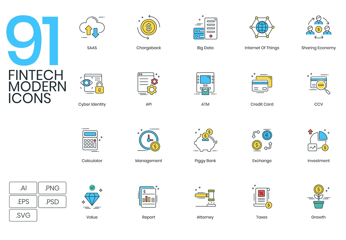 91 Fintech Icons | ColorPop Series